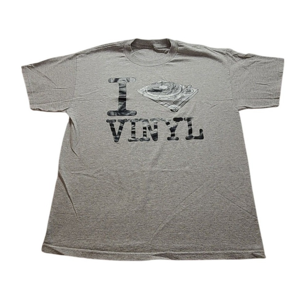 I Vinyl Turntable Graphic T-Shirt Mens Large Gray Short Sleeve Record Player Tee